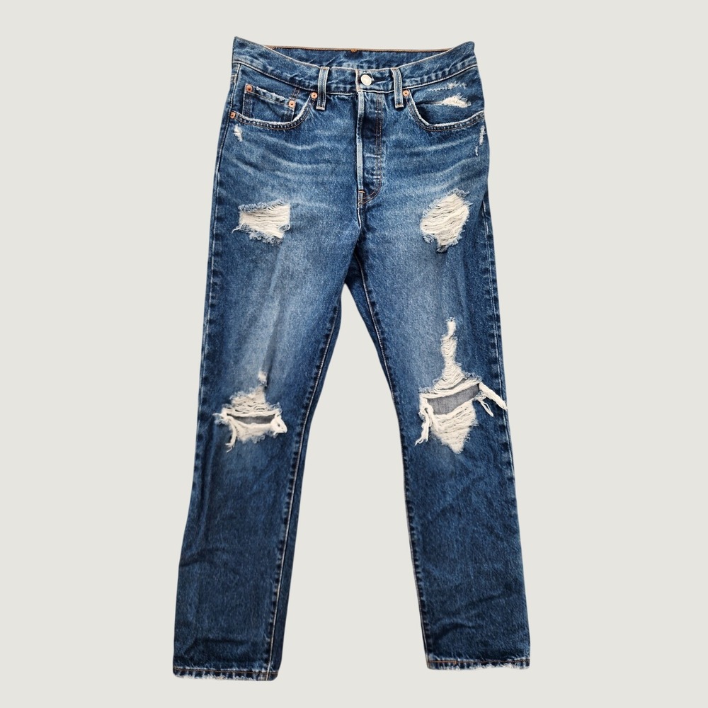 Levis 501 Original Fit Distressed Straight Leg Denim Jeans Blue 28×30 12501-0421